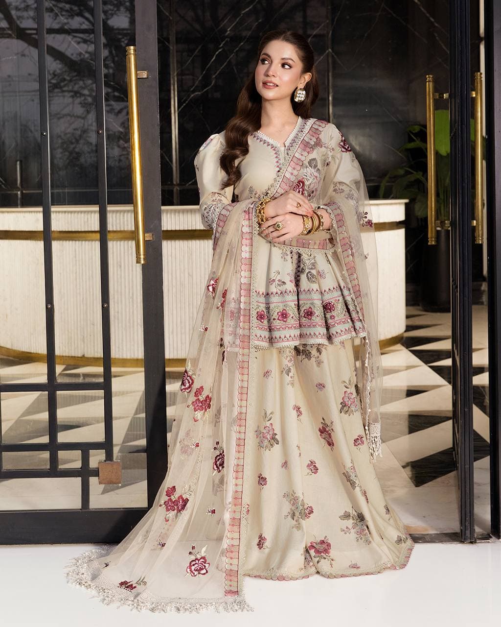 Elegant Floral Embroidered Pakistani Lawn Dress for Wedding Season