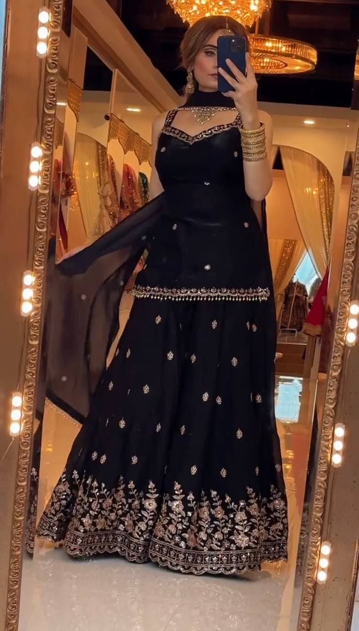 Elegant Black Sharara Suit with Heavy Golden Embroidery thumbnail 5
