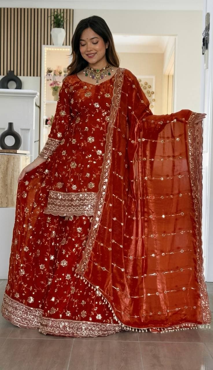Elegant Red Designer Sharara Suit with Heavy Embroidery Dupatta