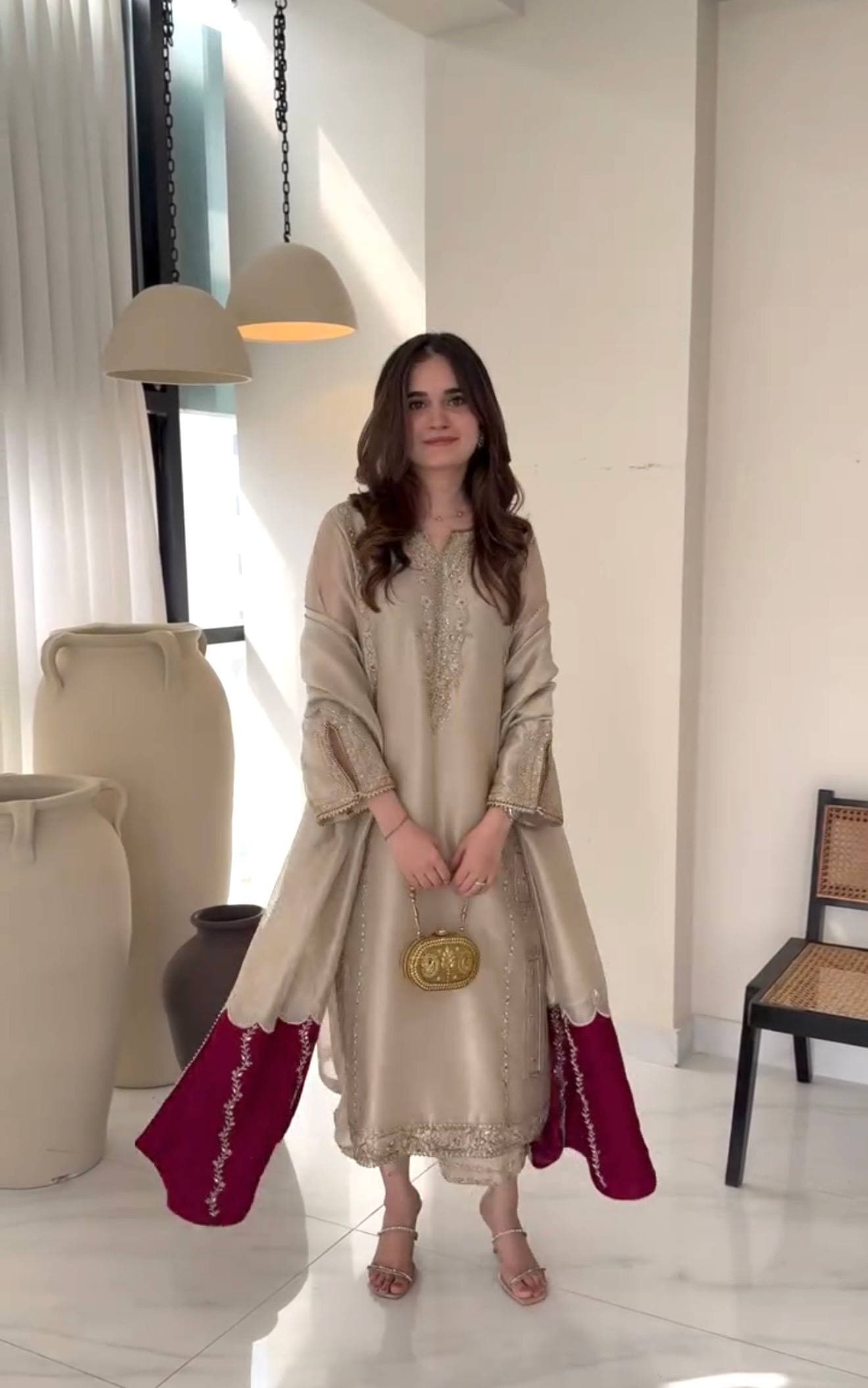 Ivory Embroidered Kurta with Wine Flared Palazzo thumbnail 2