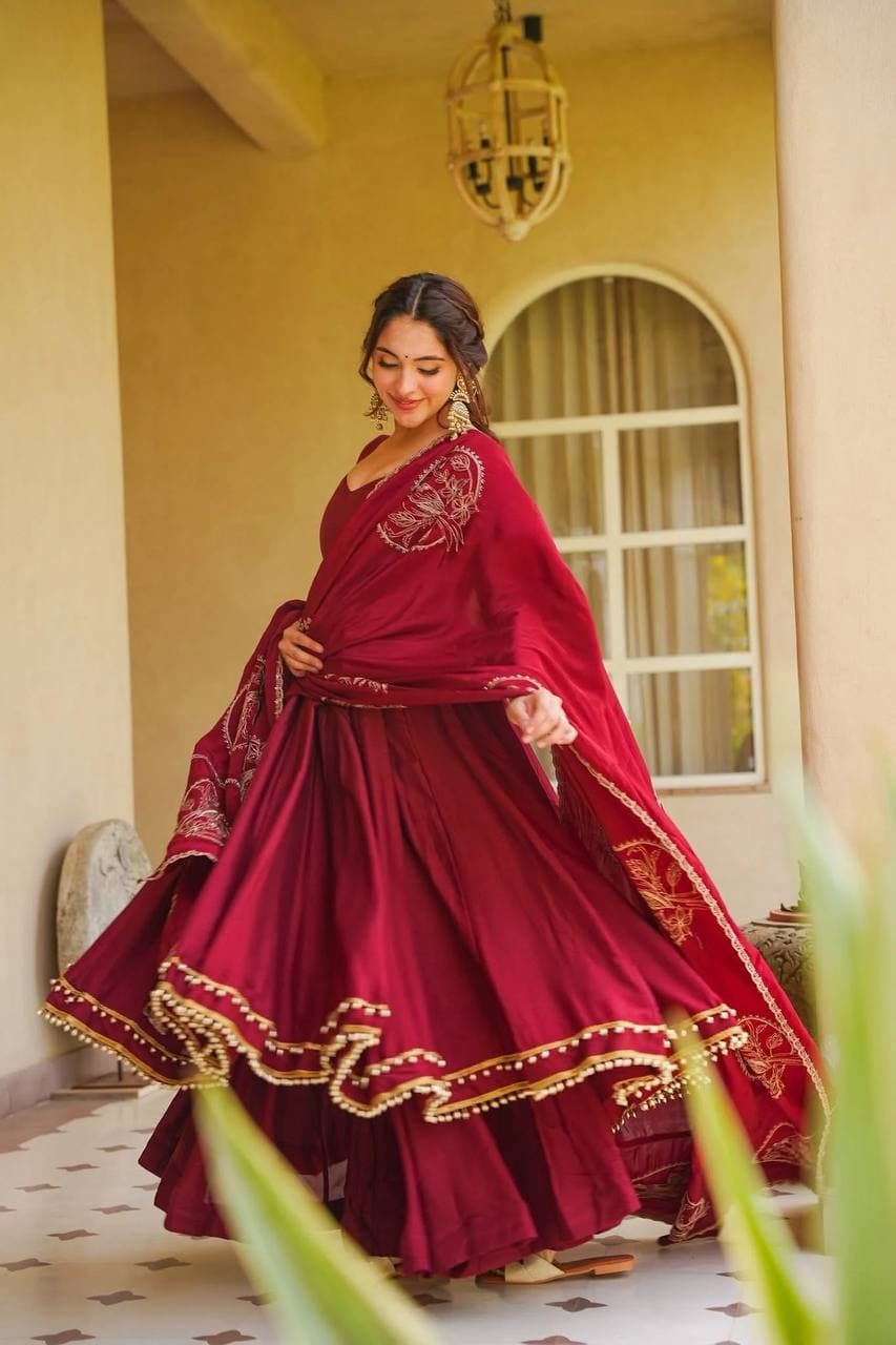 Designer Maroon Muslin Anarkali Suit Set with Dupatta for Women thumbnail 5