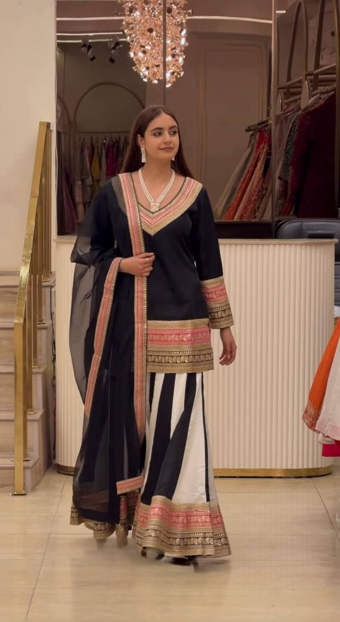 Black Embroidered  Natural Kurta Set with Organza Dupatta & Panelled Palazzo thumbnail 2