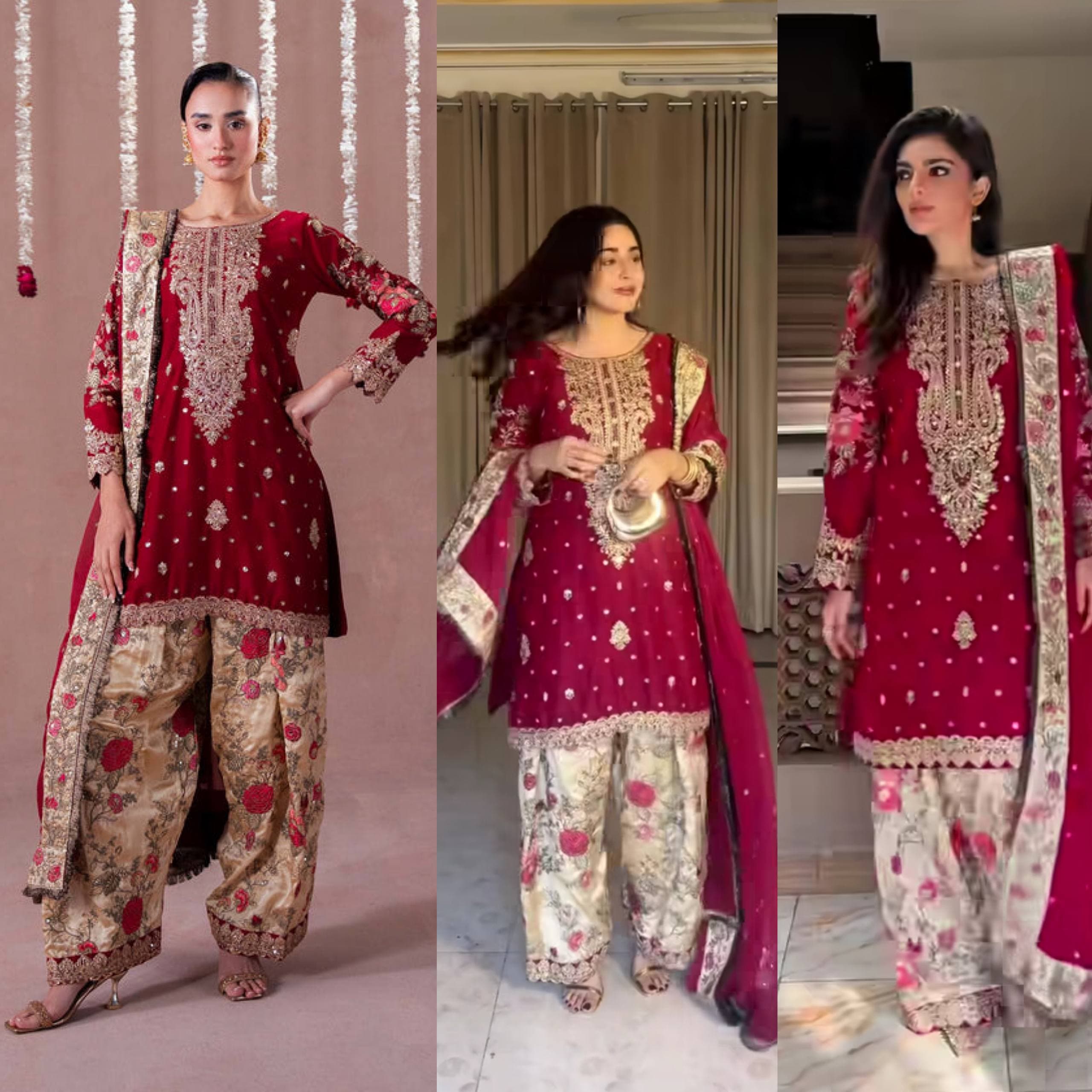 Royal Red Embroidered Kurta with Floral Palazzo Set