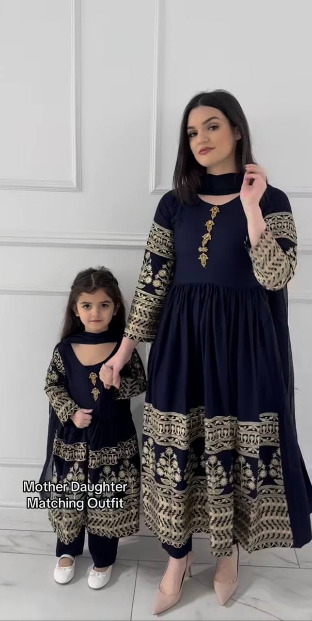Navy Blue Embroidered Rayon Anarkali Kurta Set with Pant & Dupatta thumbnail 3