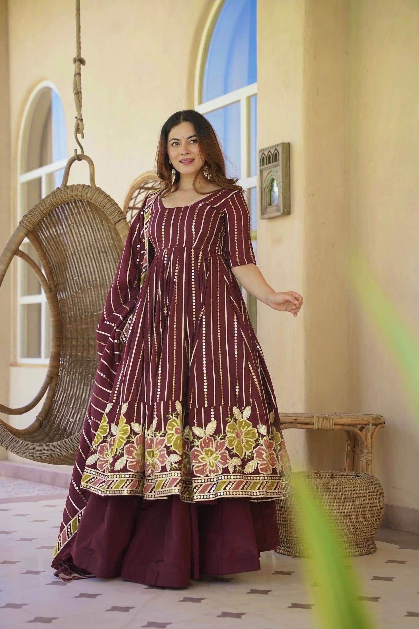 Wine Purple Floral Embroidered Cotton Anarkali Kurta with Palazzo & Striped Dupatta thumbnail 4
