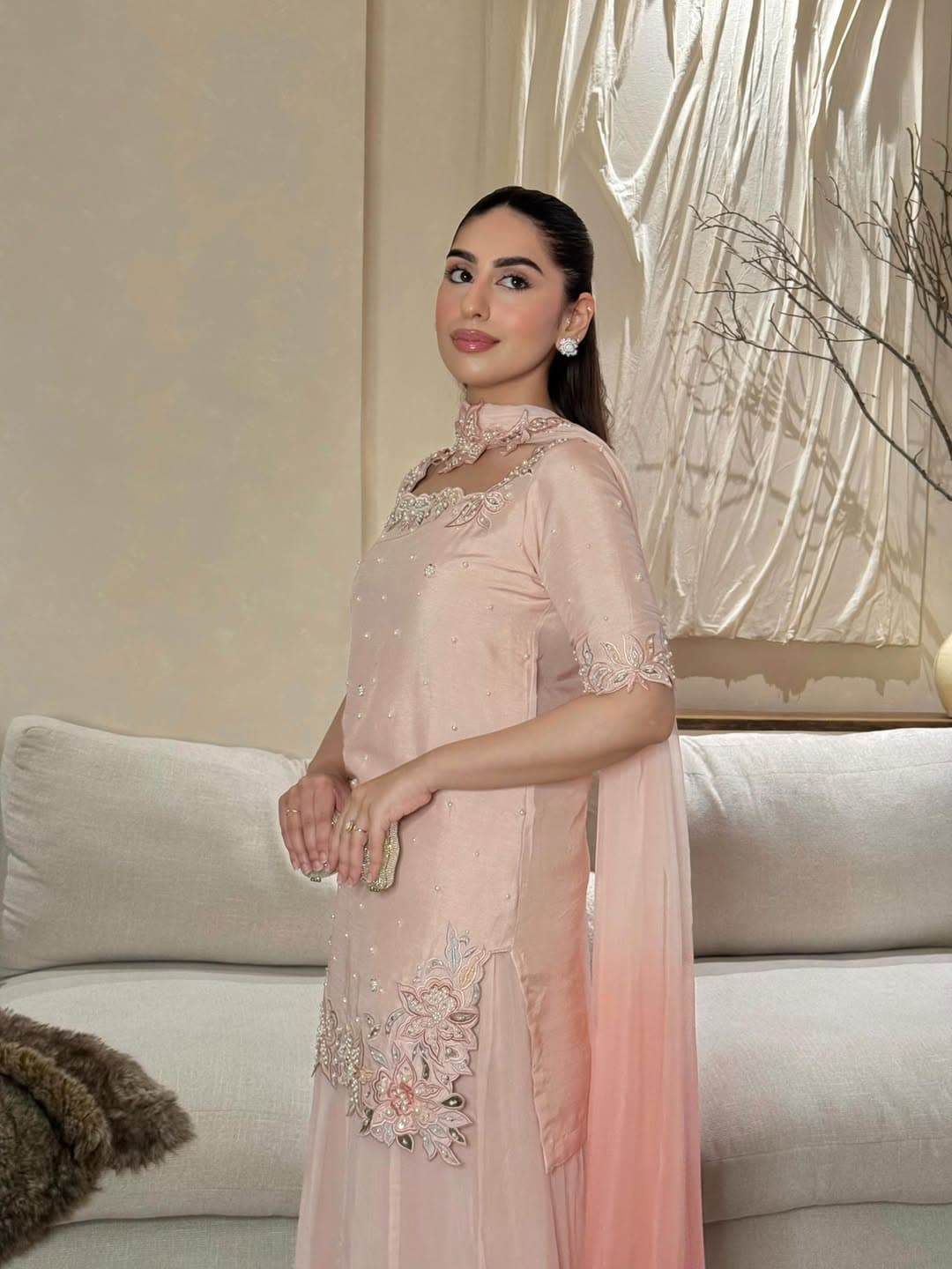 Blush Pink Heavy Floral Embroidered Georgette Straight Suit with Soft Dupatta thumbnail 6
