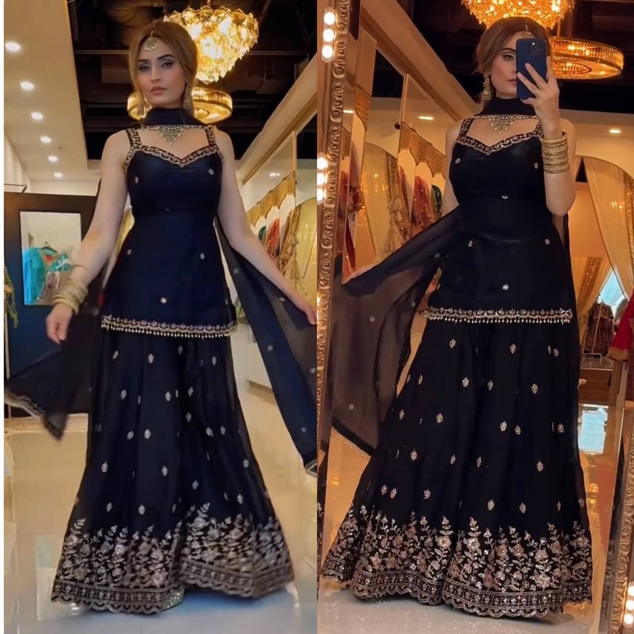 Elegant Black Sharara Suit with Heavy Golden Embroidery thumbnail 2