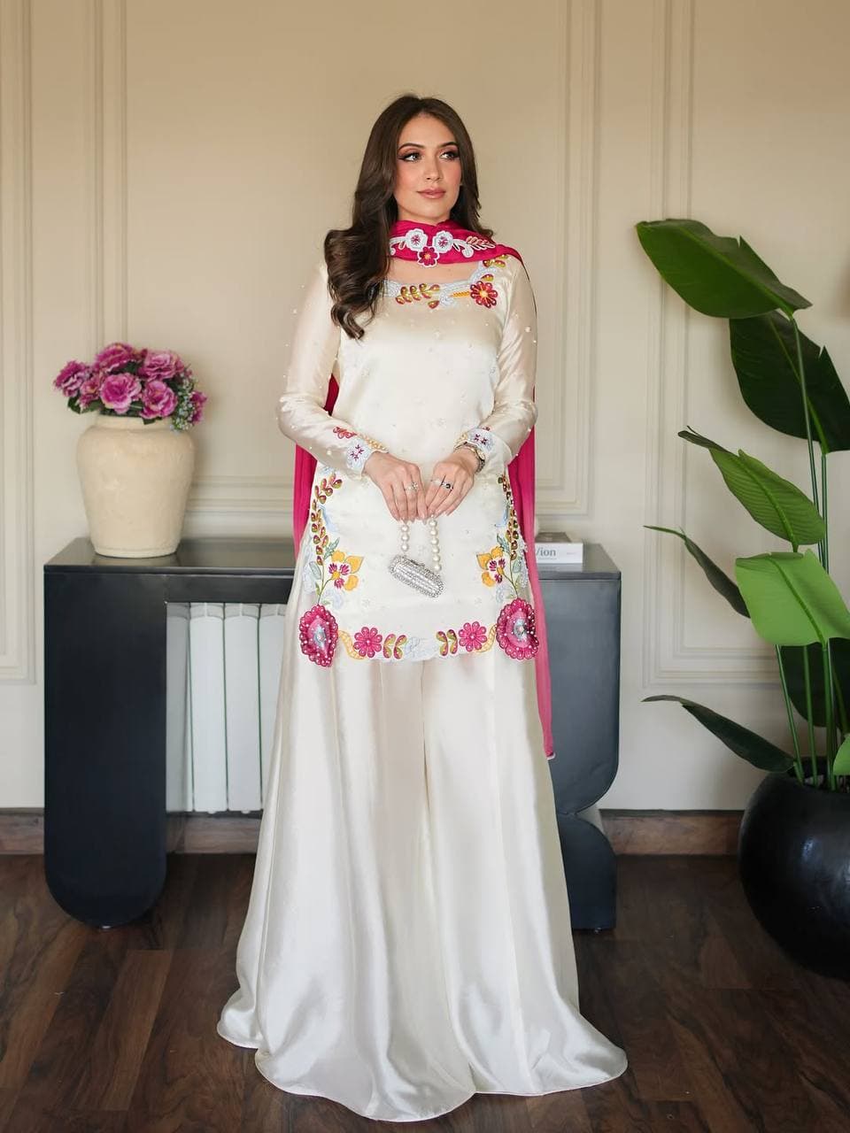 Luxury Ivory Floral Embroidered Kurti Palazzo Set with Pink Dupatta thumbnail 2