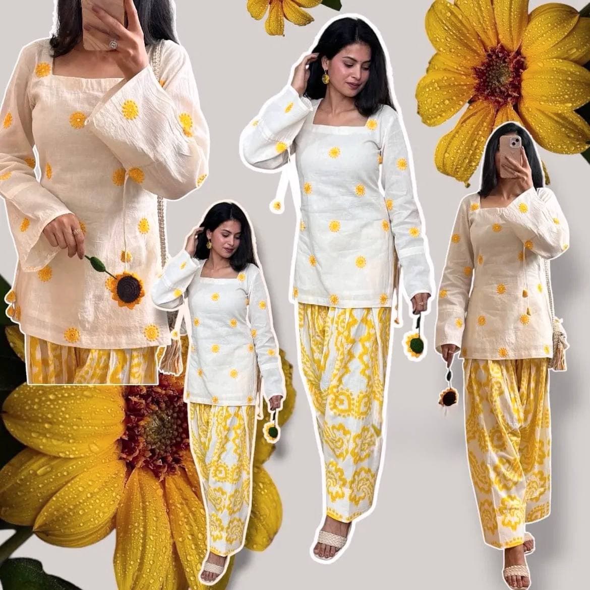 Women's White Sunflower Kurti with Yellow Printed  Farshi Pant Set thumbnail 2