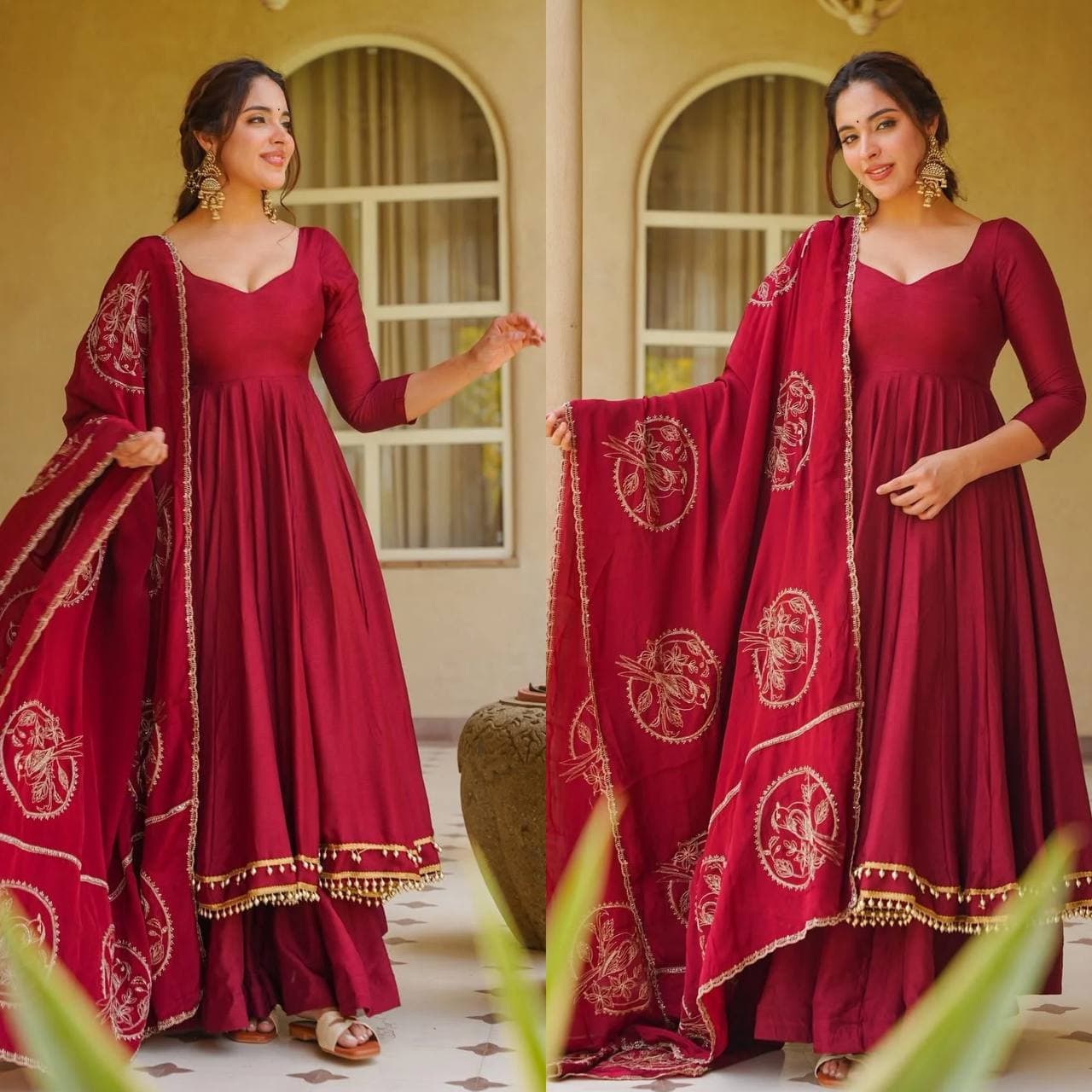 Designer Maroon Muslin Anarkali Suit Set with Dupatta for Women thumbnail 2