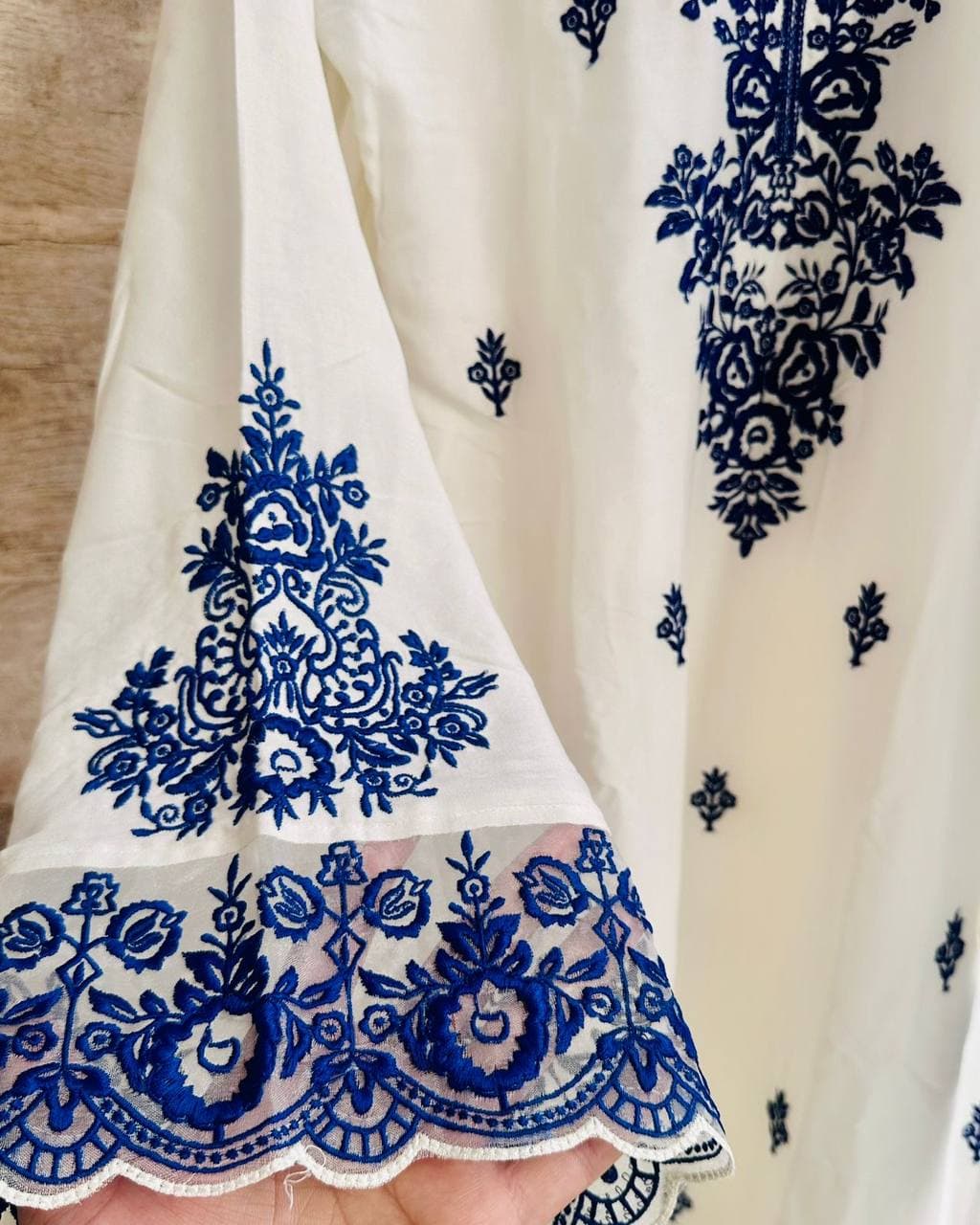 Premium White A-Line Kurti with Royal Blue Thread Work thumbnail 5