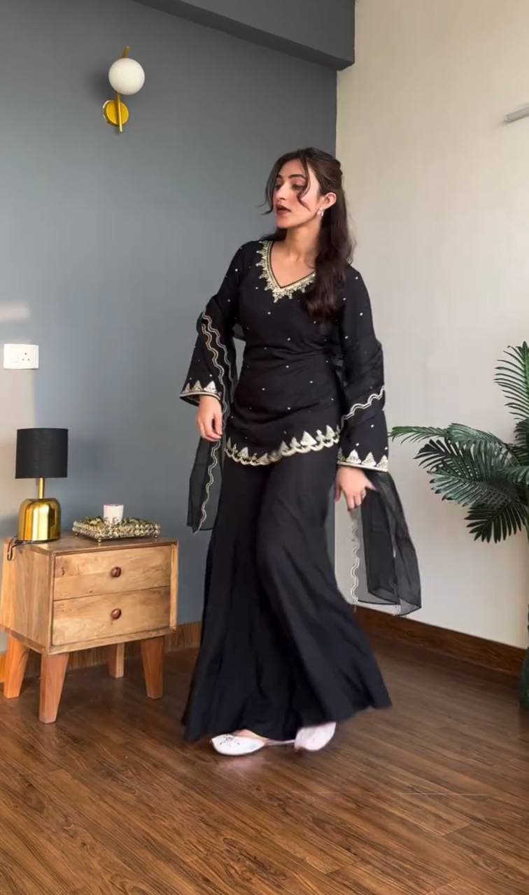 Luxury Black Festive Kurti with Sharara Pants thumbnail 2
