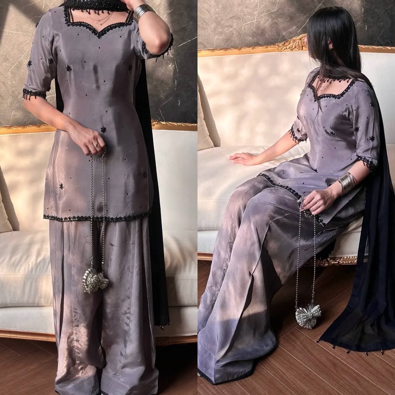 Luxury Grey Party Wear Kurta Palazzo Set with Beautiful Hand Embroidery thumbnail 2