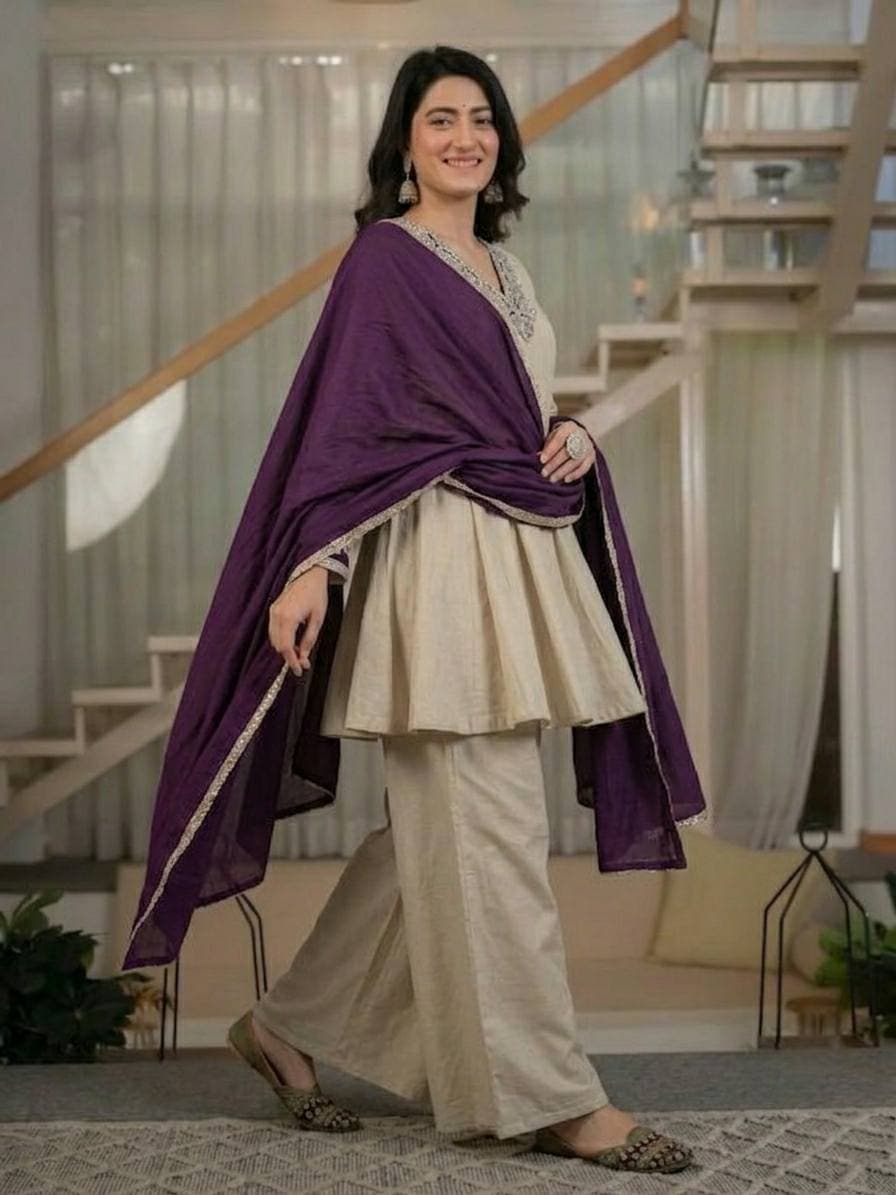 Women's Ivory Beige Designer Kurta Palazzo Set with Purple Dupatta thumbnail 5
