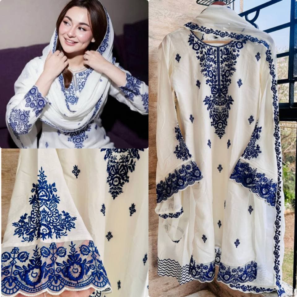 Premium White A-Line Kurti with Royal Blue Thread Work thumbnail 3
