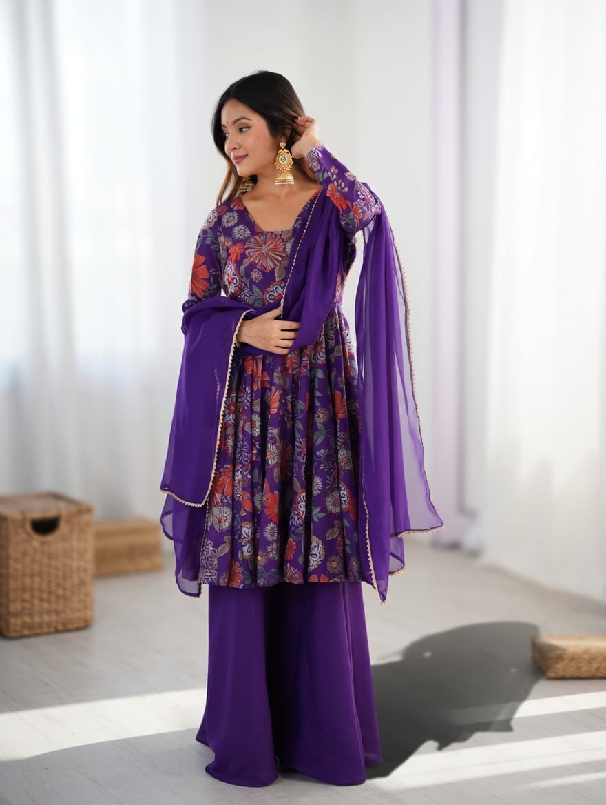 Women's Pure Roman Silk Chanderi Anarkali Kurta Palazzo & Dupatta Set thumbnail 6