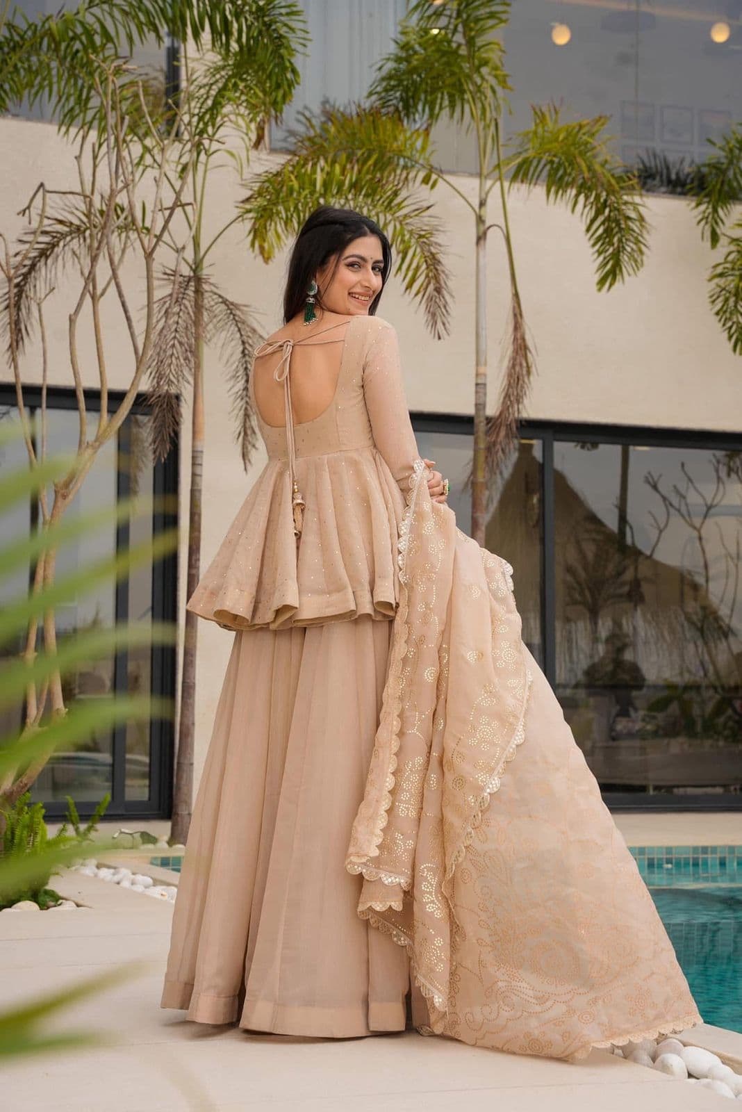 “Soft Peach Golden Embroidered Sharara Suit” thumbnail 2