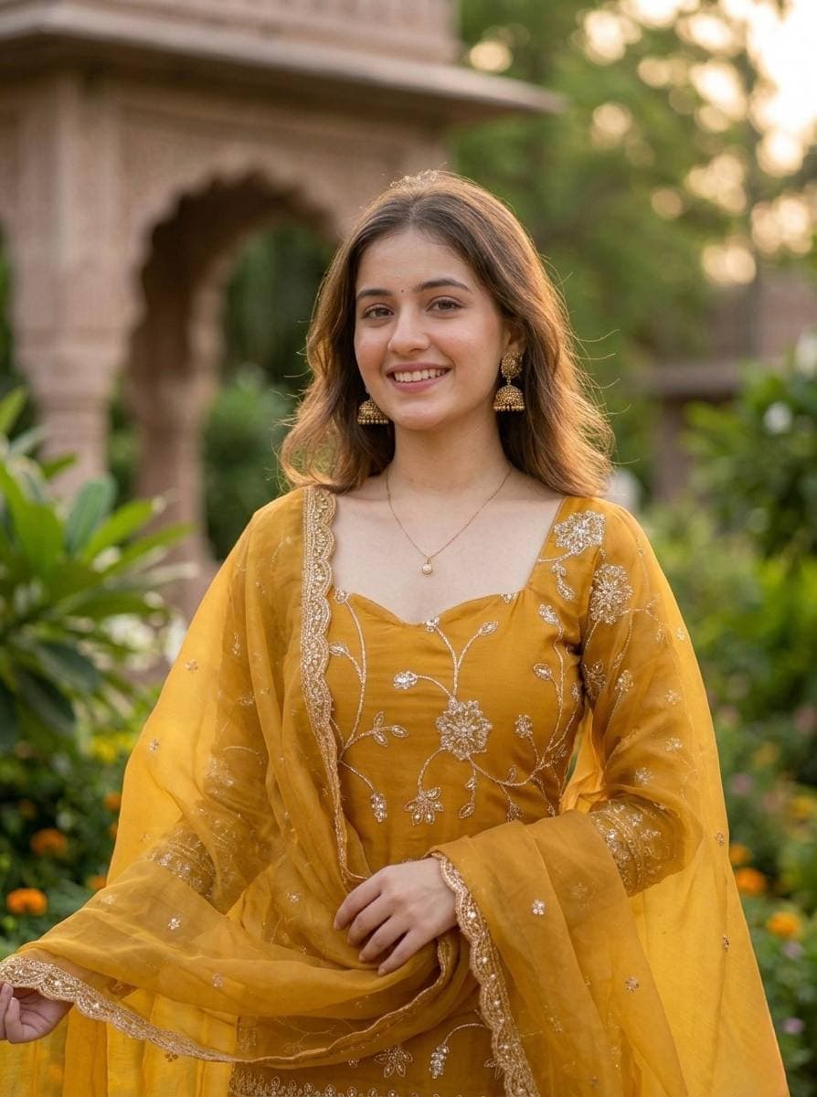 Elegant Mustard Yellow Embroidered Suit Set with Dupatta thumbnail 4