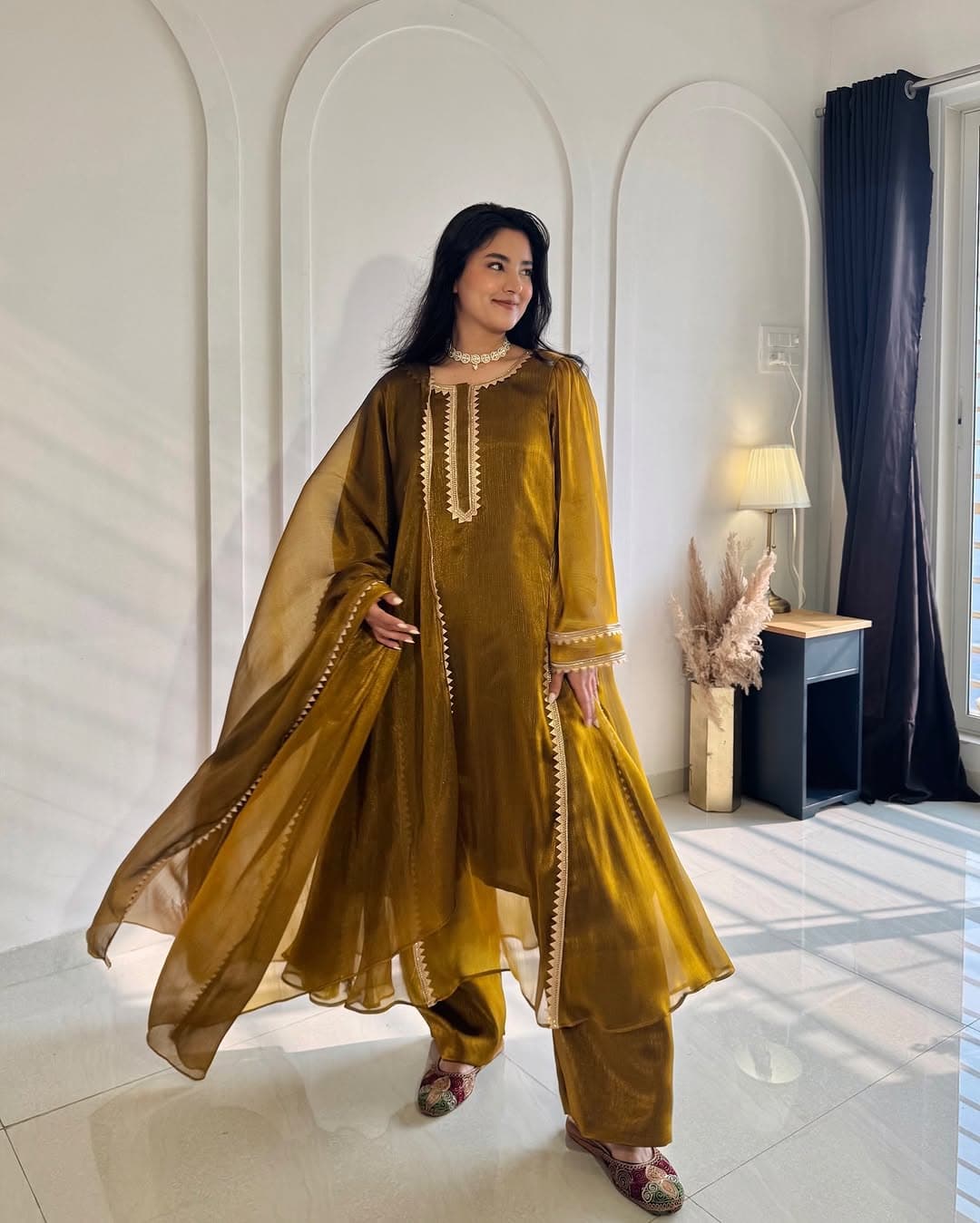 Mustard Organza Kurta Set with Embroidered Neckline & Dupatta – Elegant Festive Wear thumbnail 5