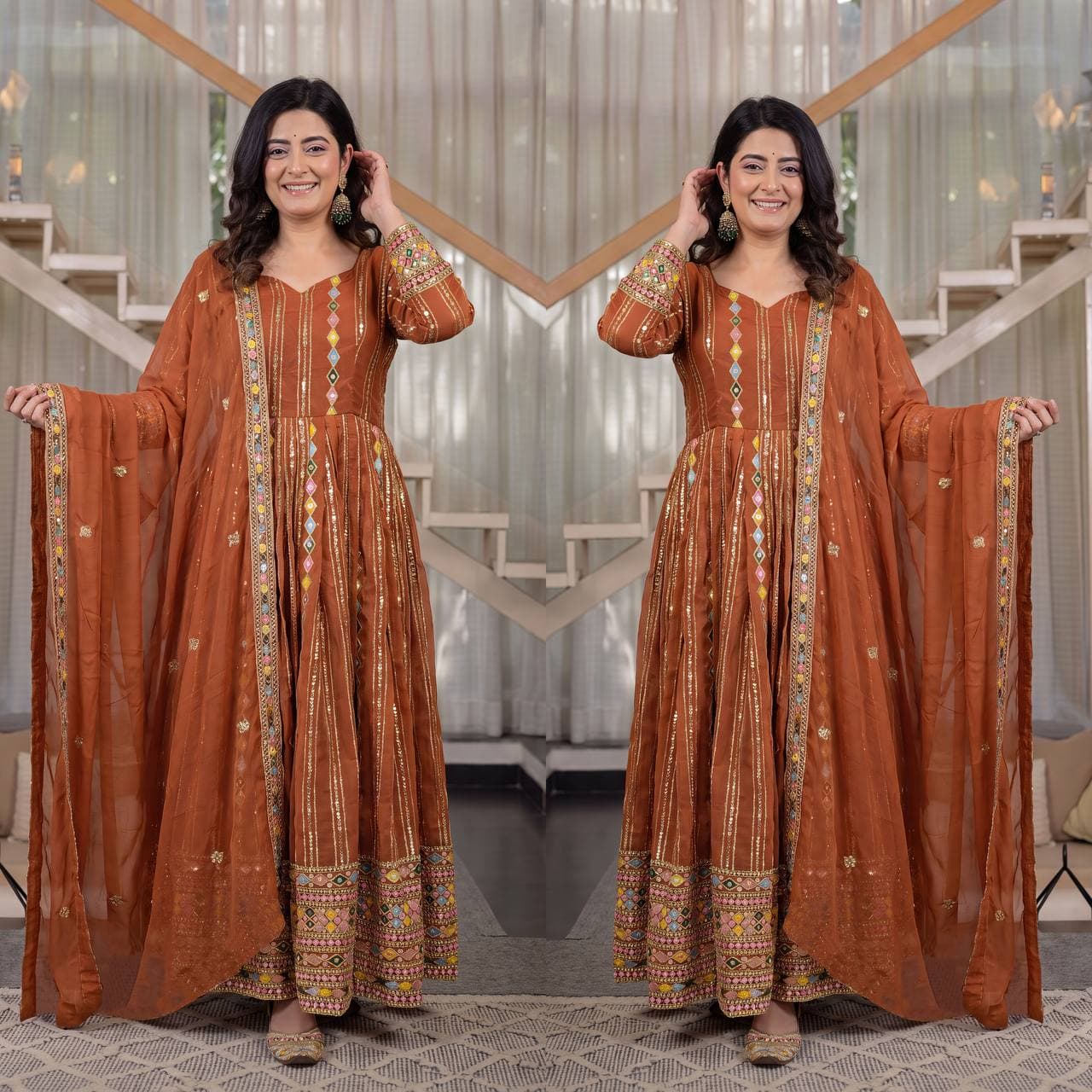 Women's Rust Orange Blend Anarkali Gown Set with Dupatta thumbnail 2
