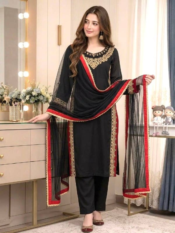 Women's Black Embroidered Straight Kurta Set with Nazmin Dupatta
