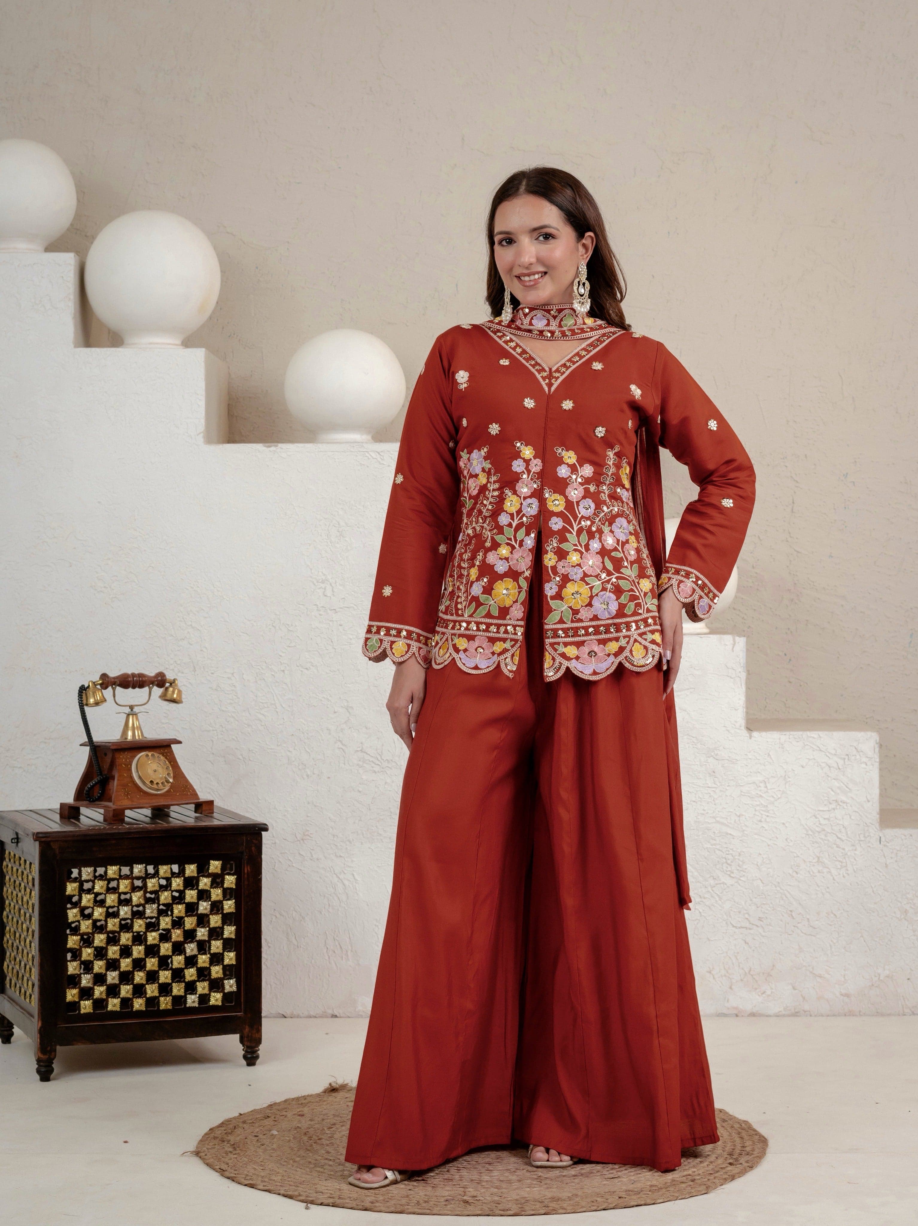 Women's Rust Floral Embroidered Roman Silk Straight Kurti with Palazzo Se thumbnail 8