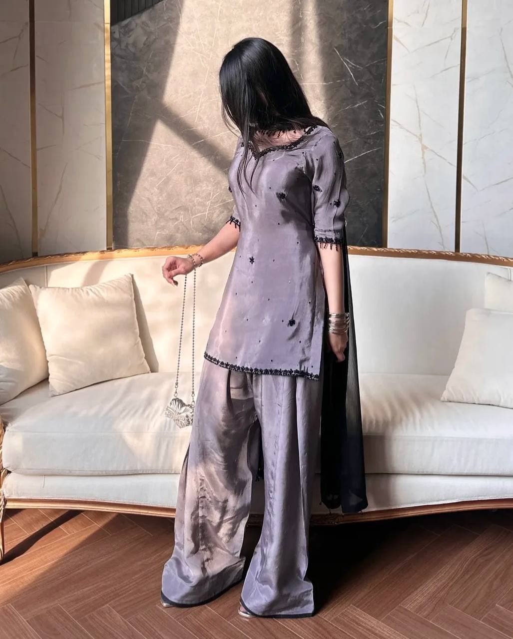 Luxury Grey Party Wear Kurta Palazzo Set with Beautiful Hand Embroidery thumbnail 3